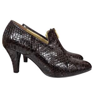 Bijou New York Brown Snakeskin Heels Sz 7 Zippers 1930s Look Vegan Leather